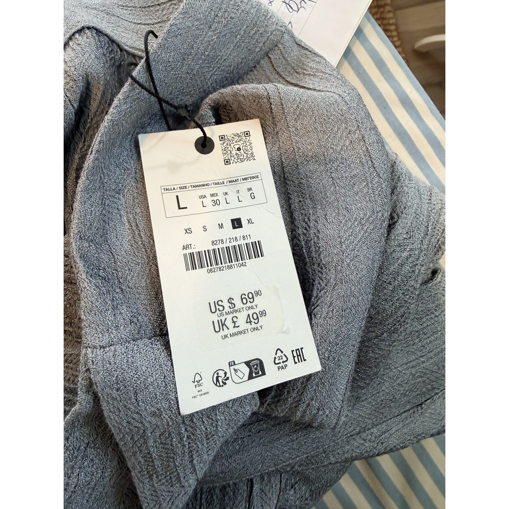 NWT ZARA Women Hi-Rise Wrap Belt Tie Waist Texture Wide Leg Crop Pants SZ L Gray - Picture 10 of 10